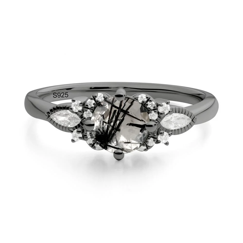Round Black Rutilated Quartz Floral Statement Ring - Image 9