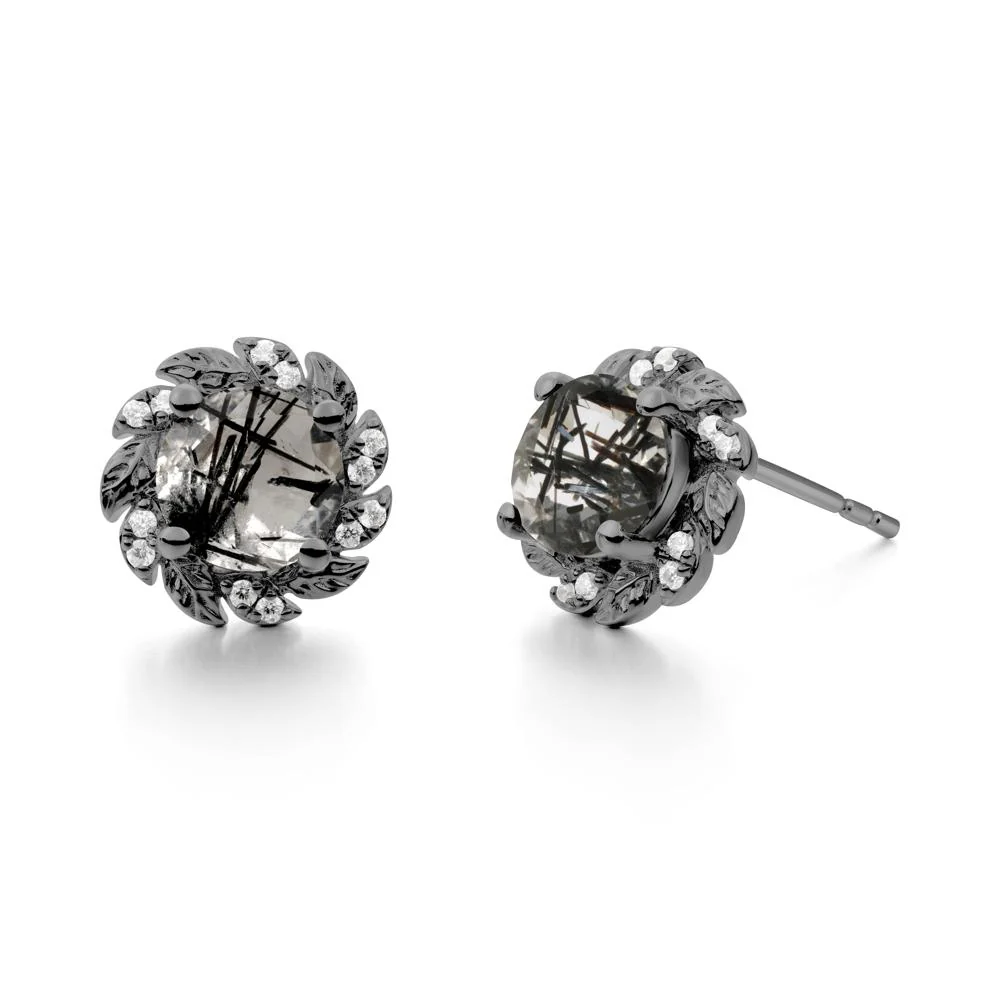 Round Black Rutilated Quartz Leaf Halo Stud Earrings - Image 3