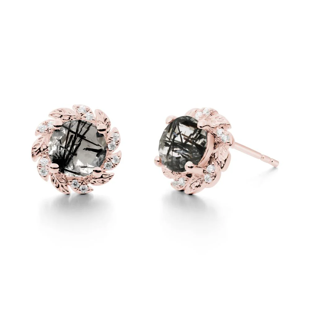 Round Black Rutilated Quartz Leaf Halo Stud Earrings - Image 4