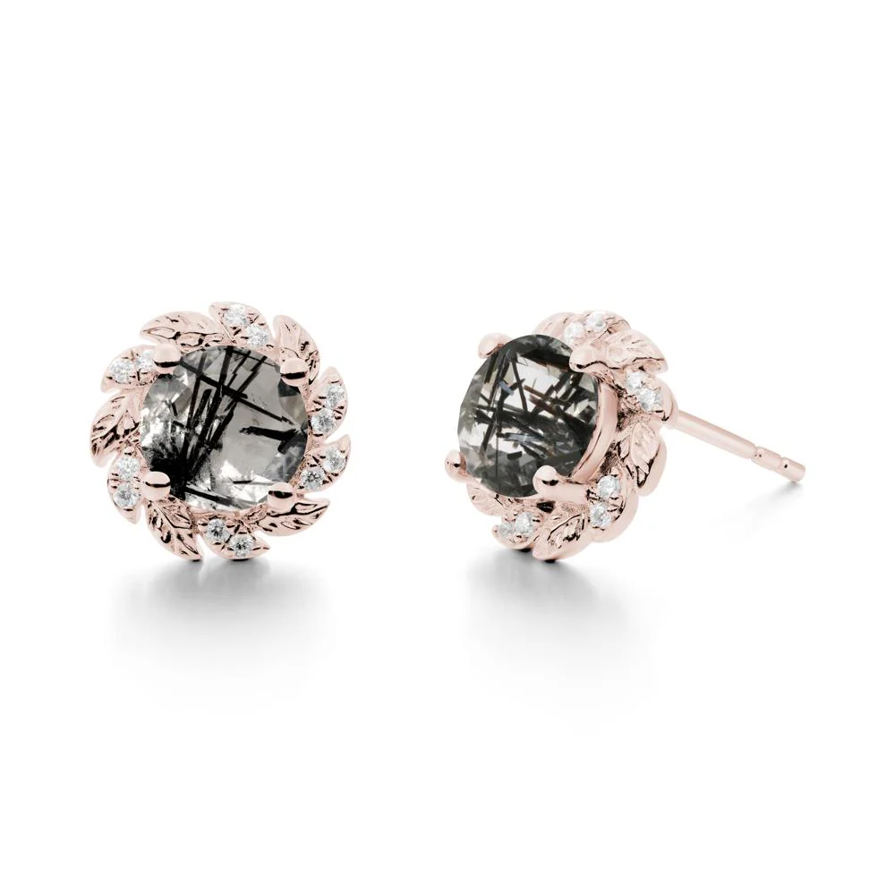 Round Black Rutilated Quartz Leaf Halo Stud Earrings - Image 5