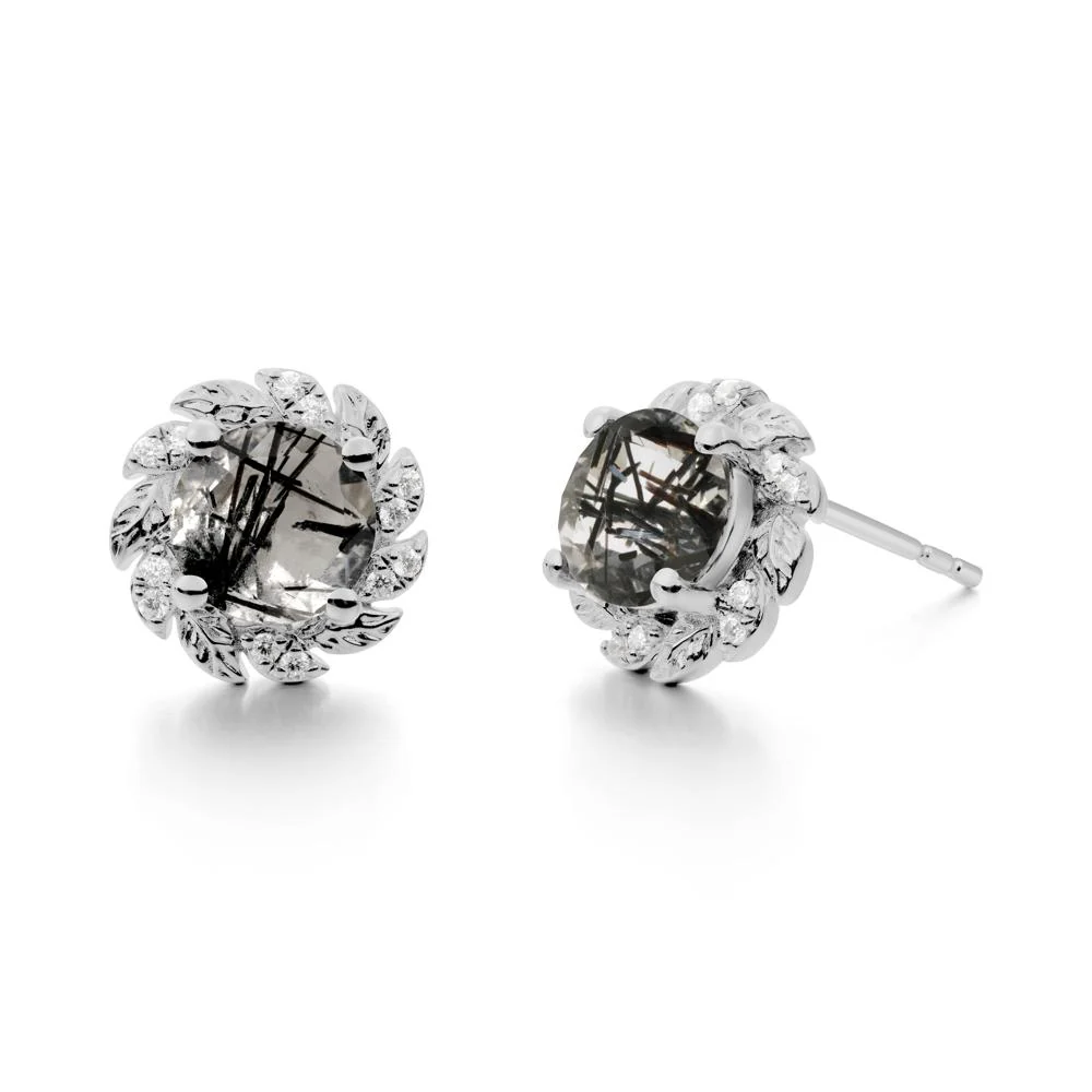 Round Black Rutilated Quartz Leaf Halo Stud Earrings - Image 6