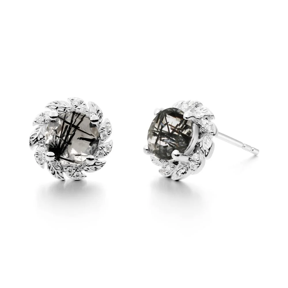 Round Black Rutilated Quartz Leaf Halo Stud Earrings - Image 7