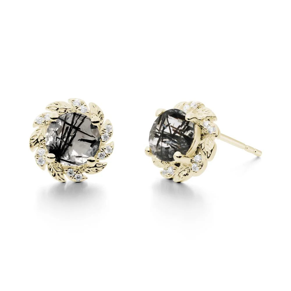 Round Black Rutilated Quartz Leaf Halo Stud Earrings - Image 9