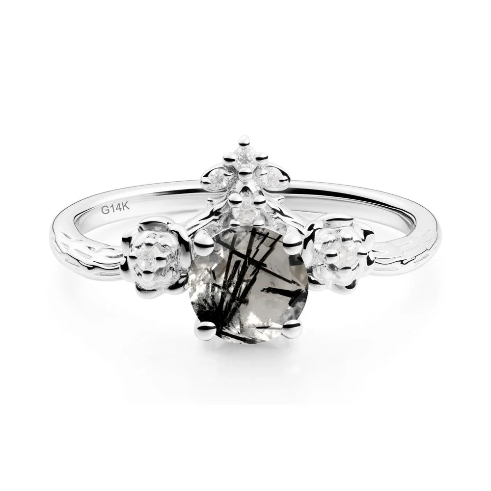 Round Black Rutilated Quartz Rose Ring with Wood Grain