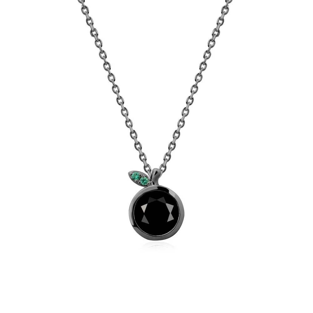 Round Black Spinel and Emerald Leaf Pendant Necklace - Image 7