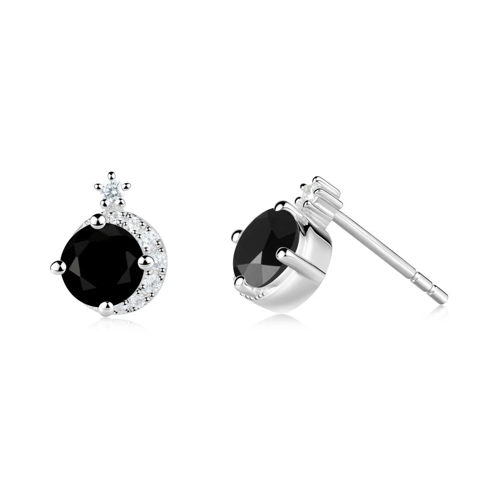 Round Black Spinel Crescent Stud Earrings - Image 3
