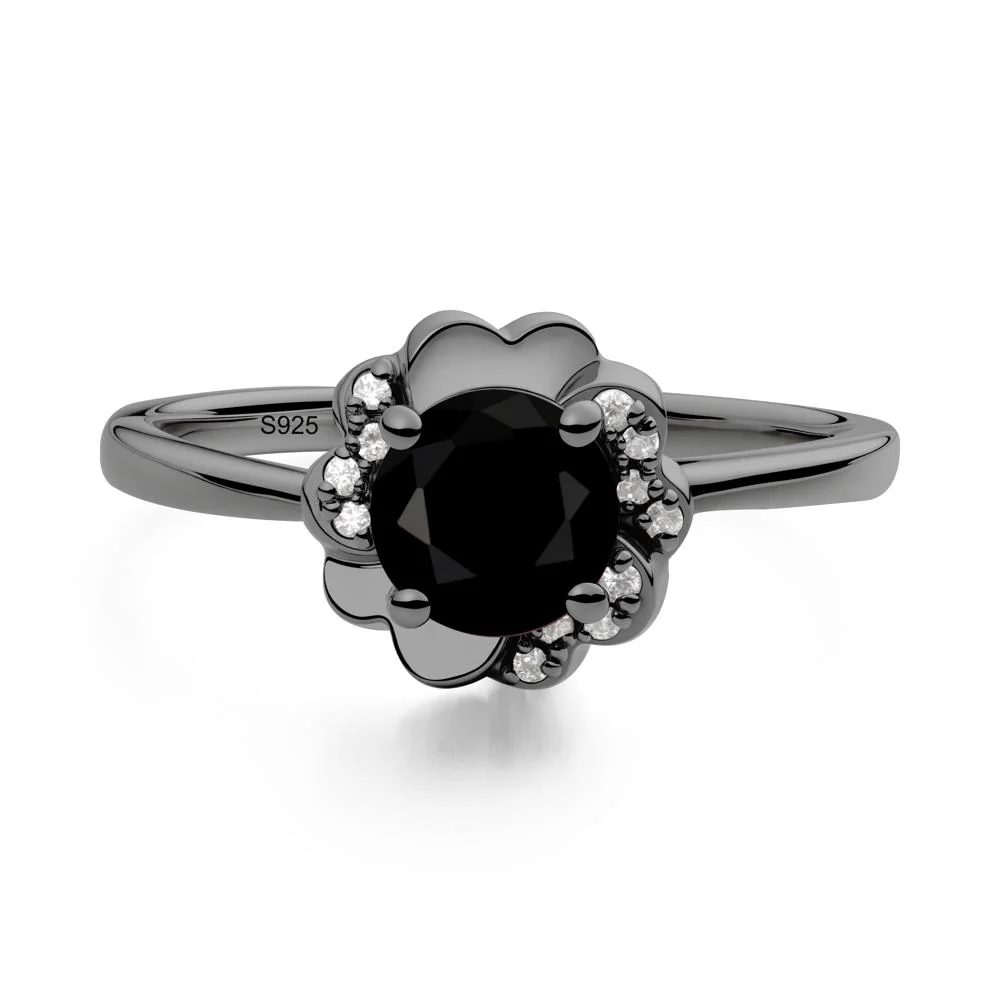 Round Black Spinel Floral Engagement Ring