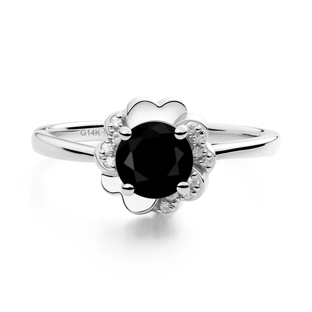 Round Black Spinel Floral Engagement Ring - Image 3