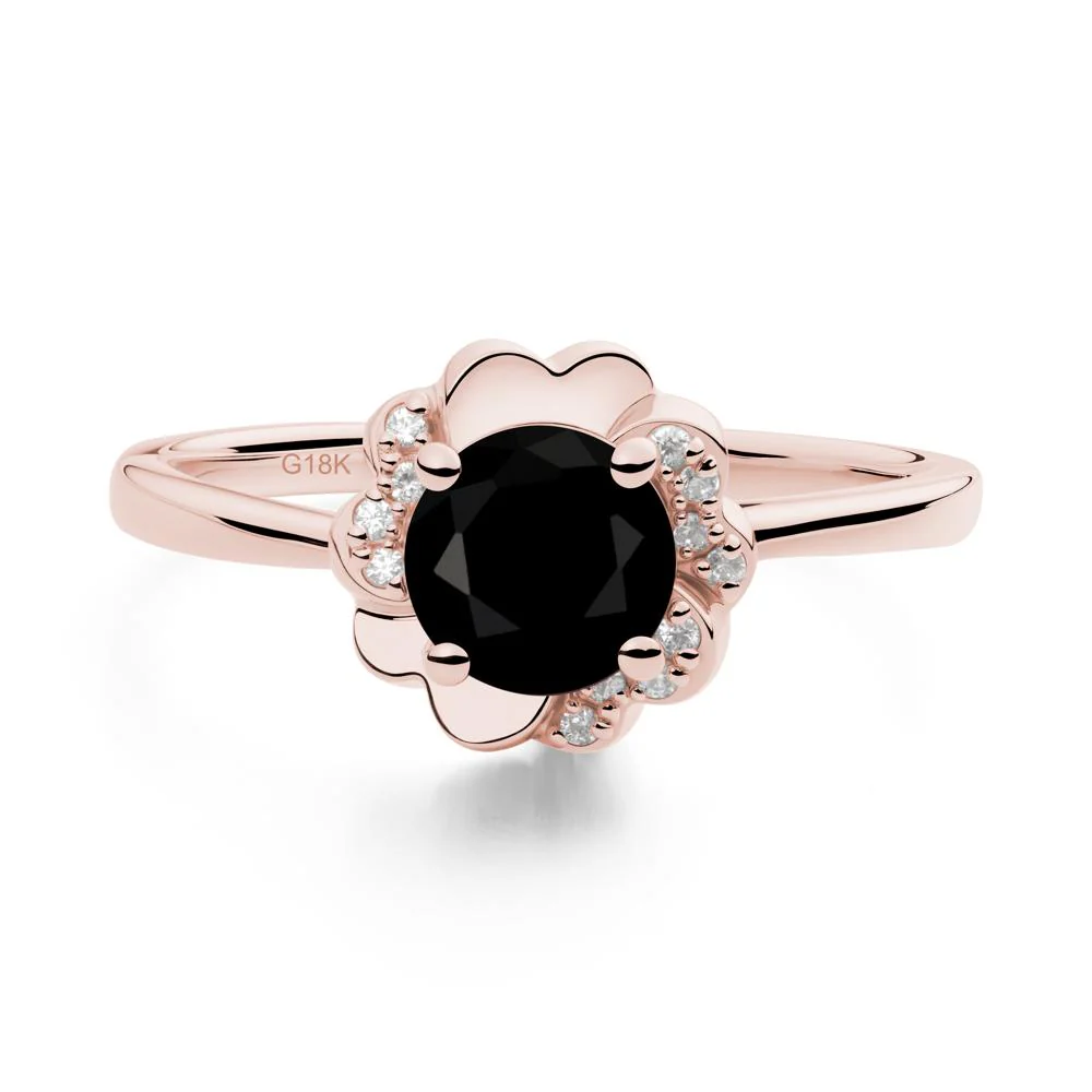 Round Black Spinel Floral Engagement Ring - Image 7