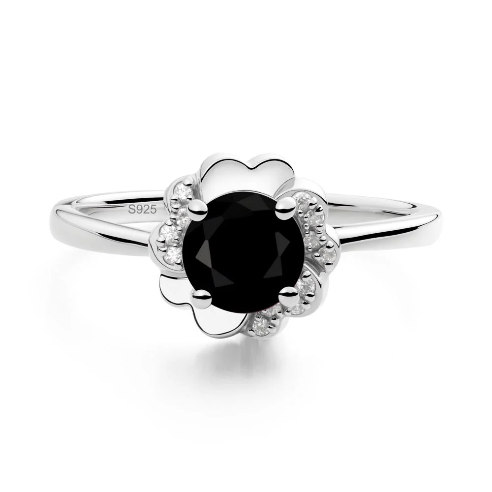 Round Black Spinel Floral Engagement Ring - Image 9