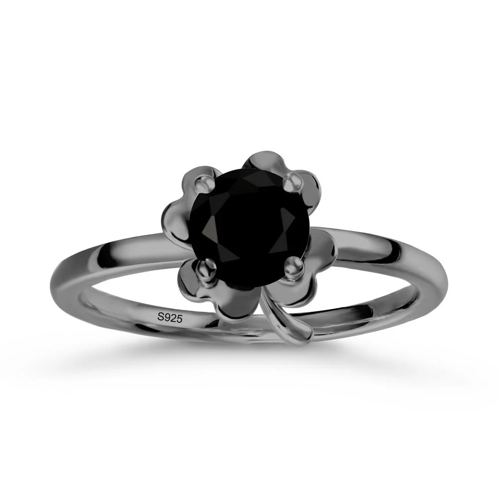 Round Black Spinel Four Leaf Clover Ring