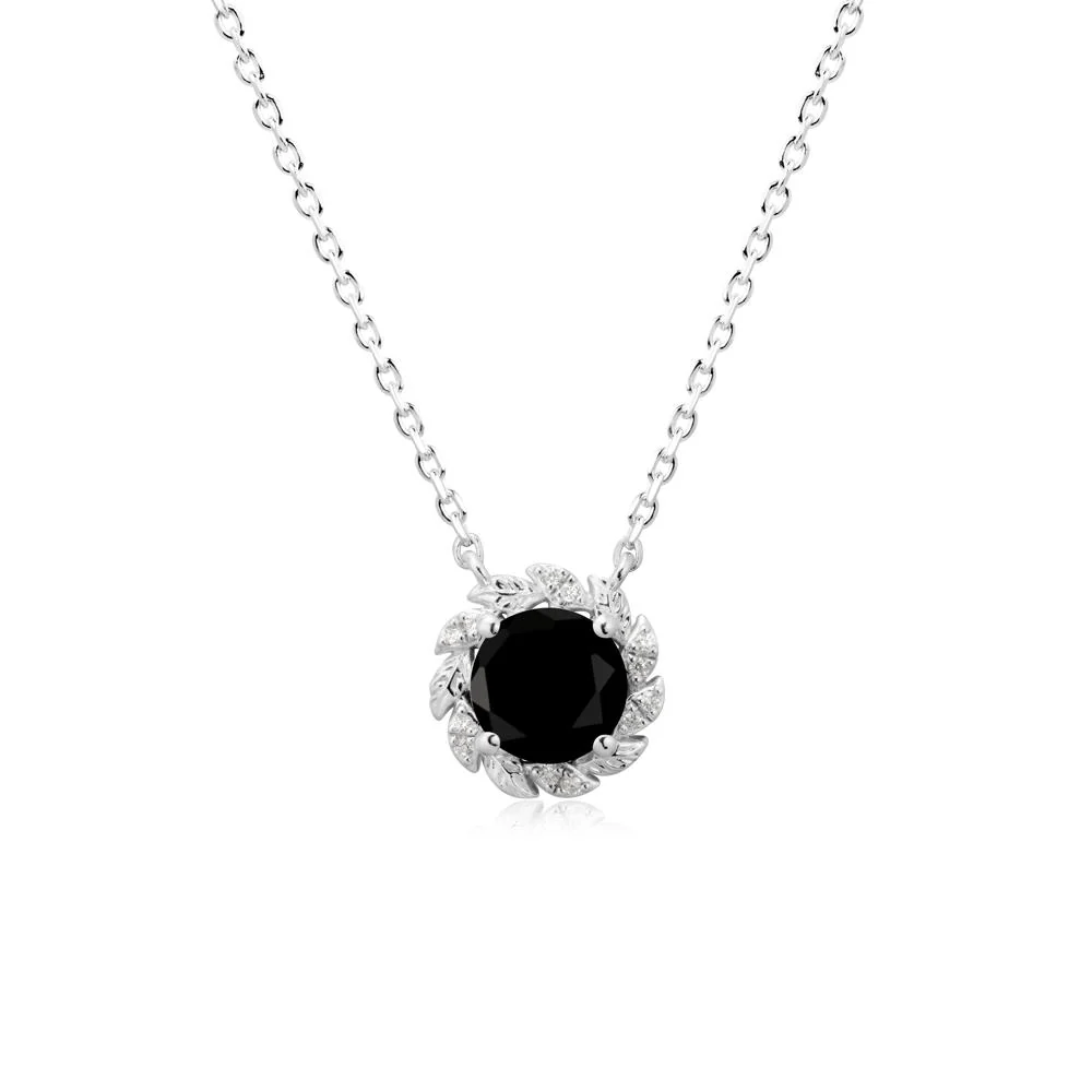 Round Black Spinel Leaf Halo Necklace - Image 6