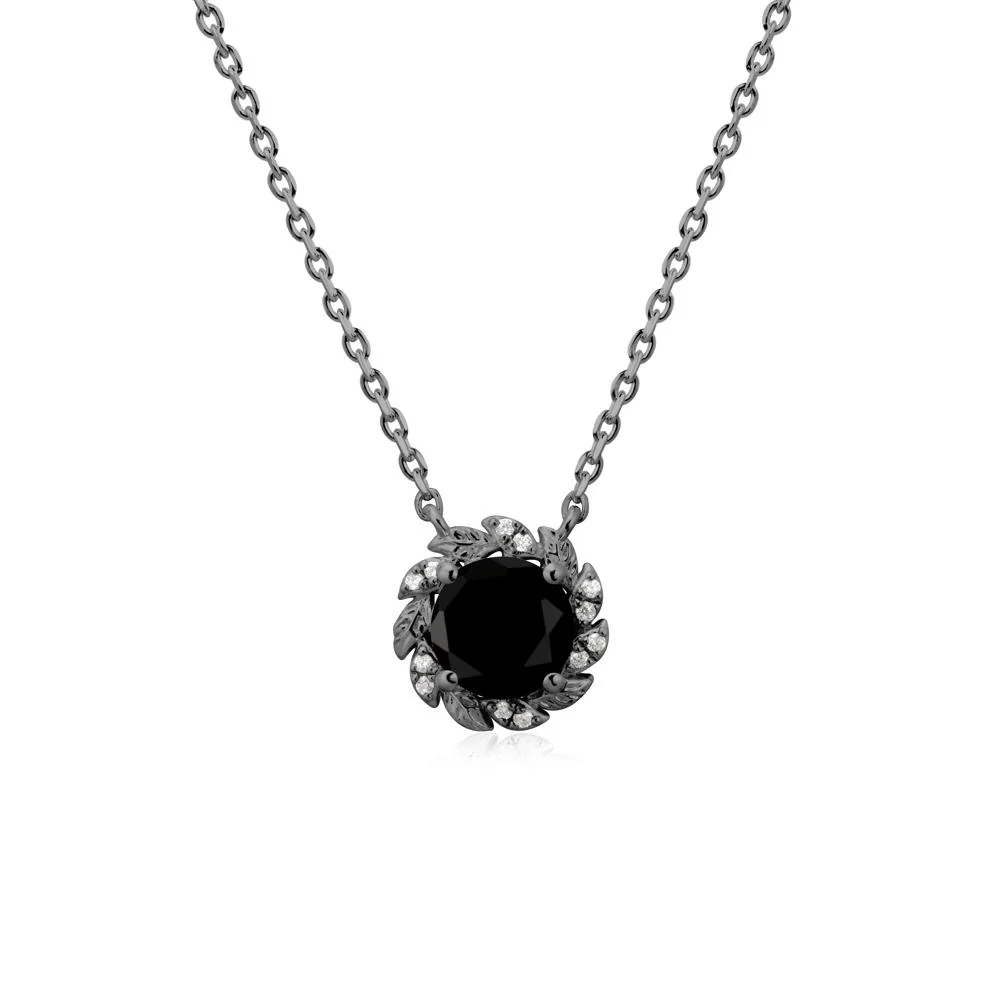 Round Black Spinel Leaf Halo Necklace - Image 8
