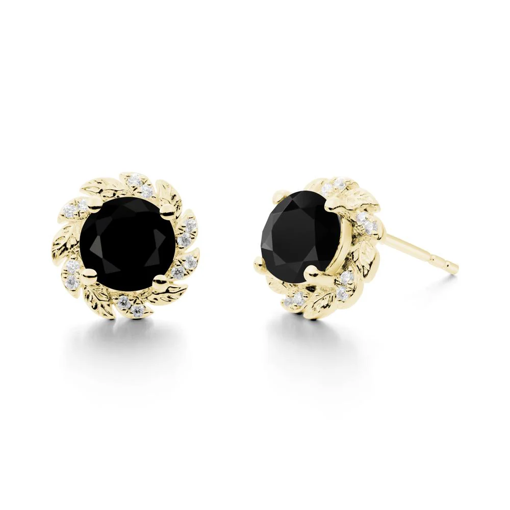 Round Black Spinel Leaf Halo Stud Earrings - Image 3