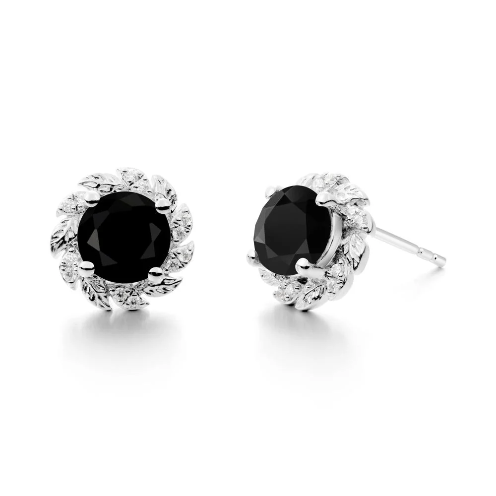 Round Black Spinel Leaf Halo Stud Earrings - Image 5