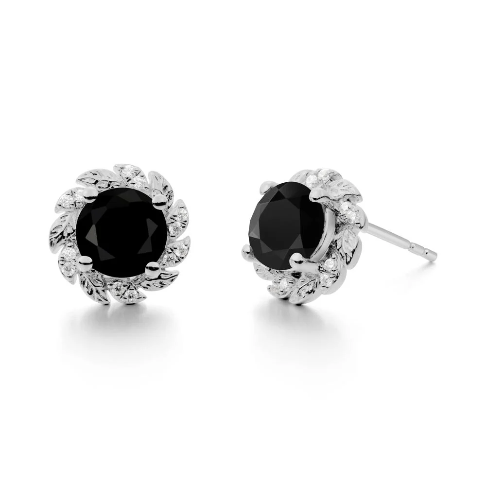 Round Black Spinel Leaf Halo Stud Earrings - Image 7