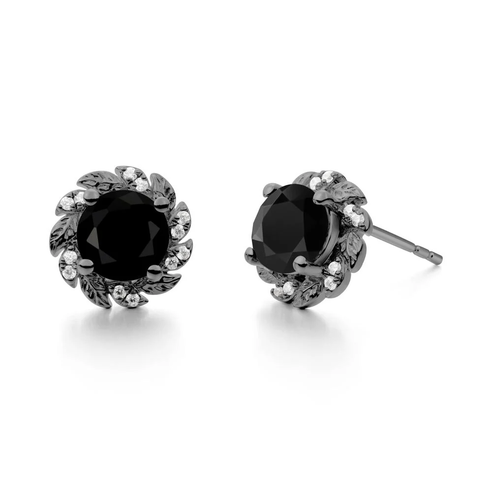Round Black Spinel Leaf Halo Stud Earrings - Image 8