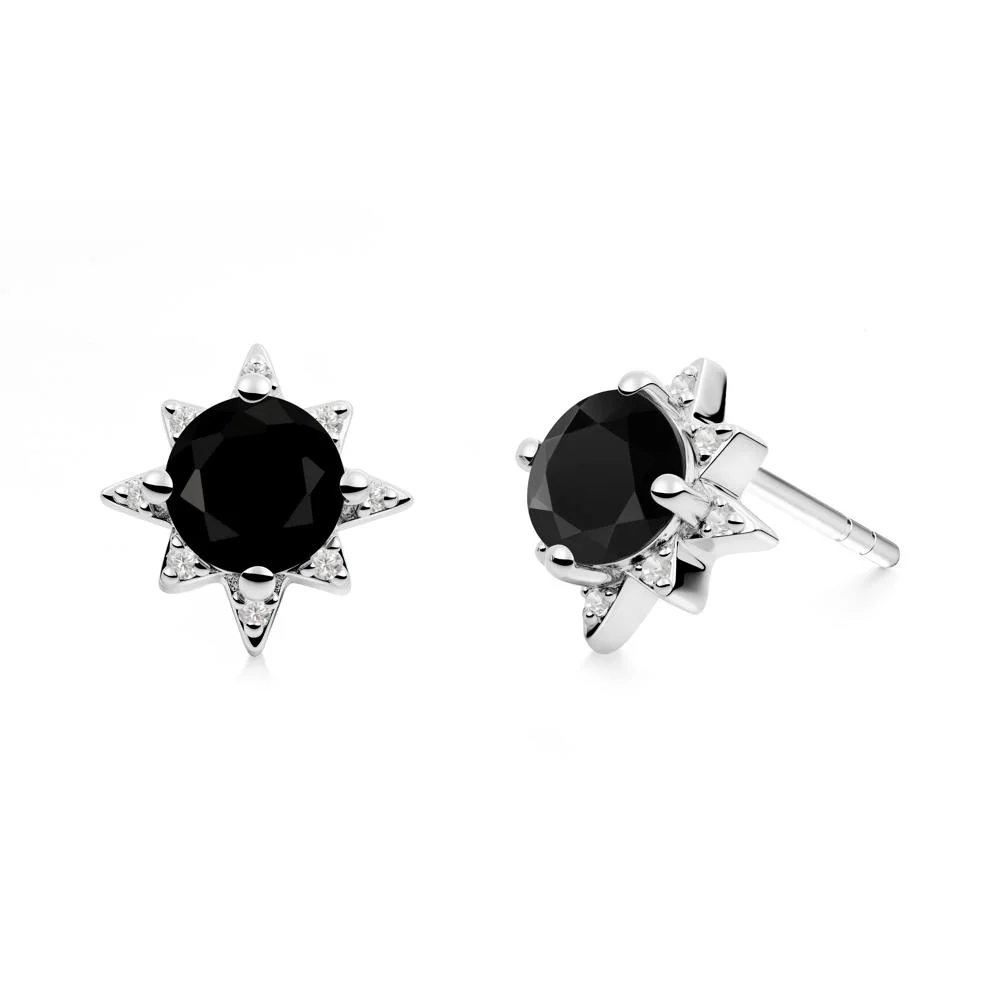 Round Black Spinel Sunburst Earrings