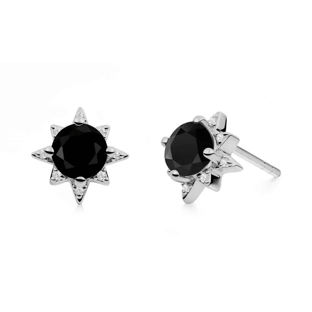 Round Black Spinel Sunburst Earrings - Image 2