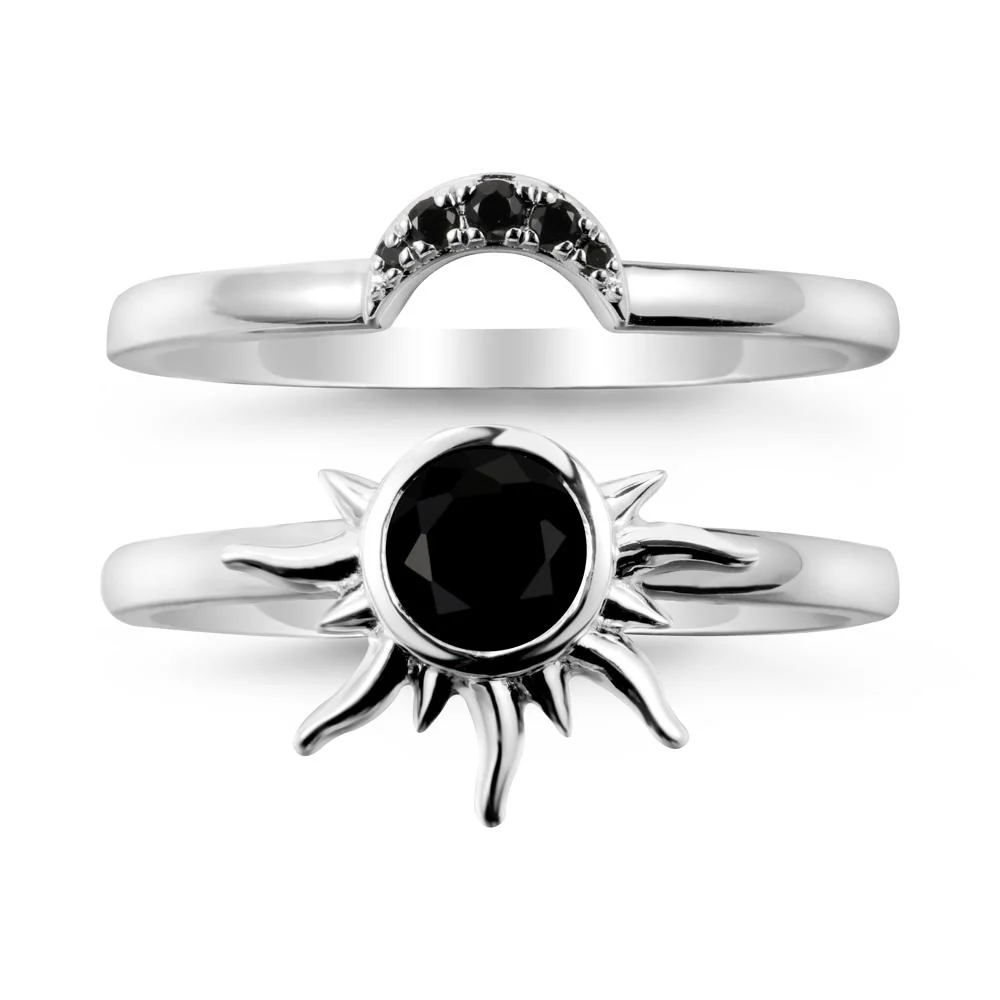 Round Black Spinel Sunburst Ring Set - Image 2