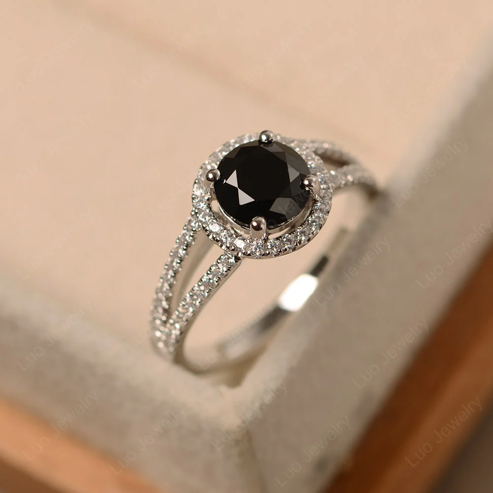 Round Black Spinel Halo Split Shank Ring - Image 2