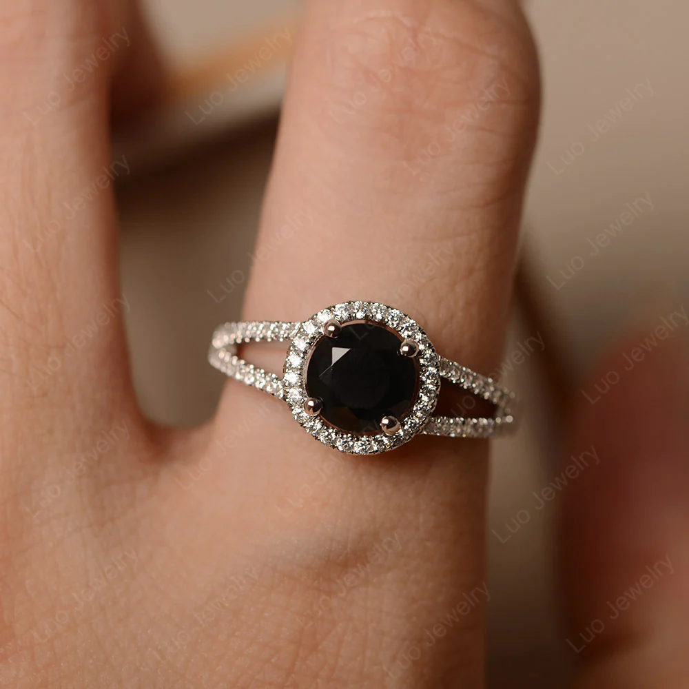 Round Black Spinel Halo Split Shank Ring - Image 3