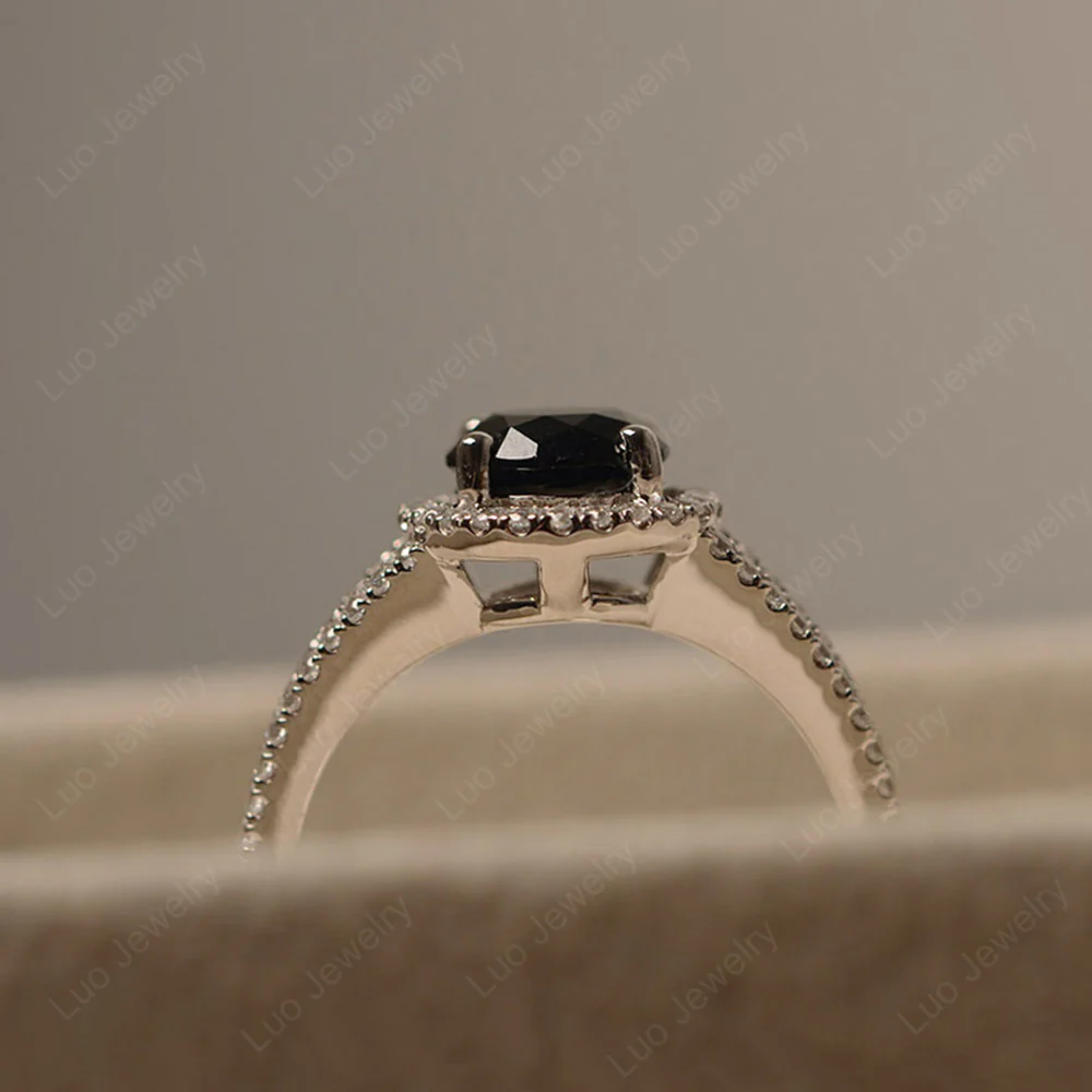 Round Black Spinel Halo Split Shank Ring - Image 5