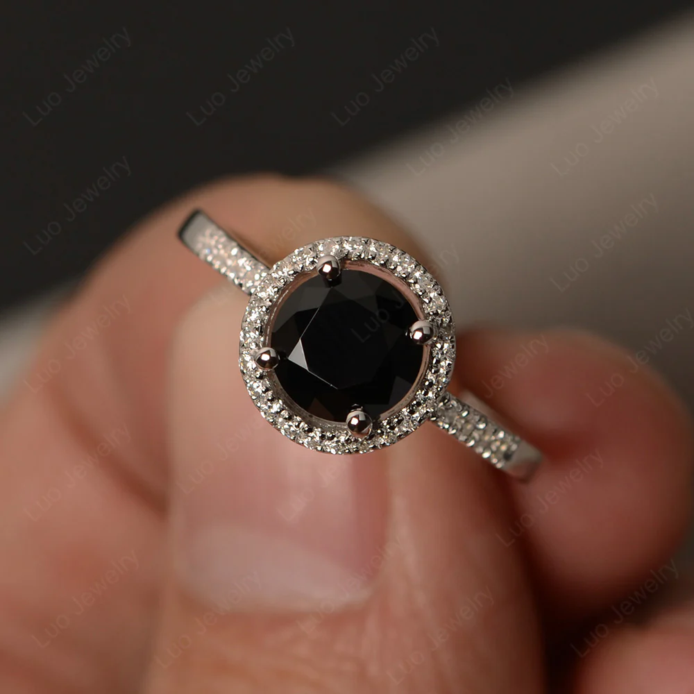 Round Black Spinel Halo Engagement Ring