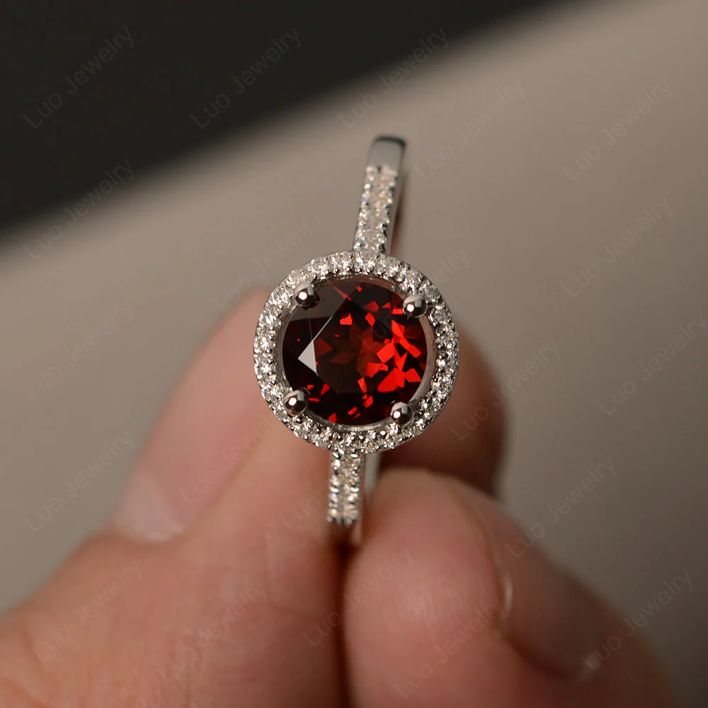 Round Garnet Halo Engagement Ring