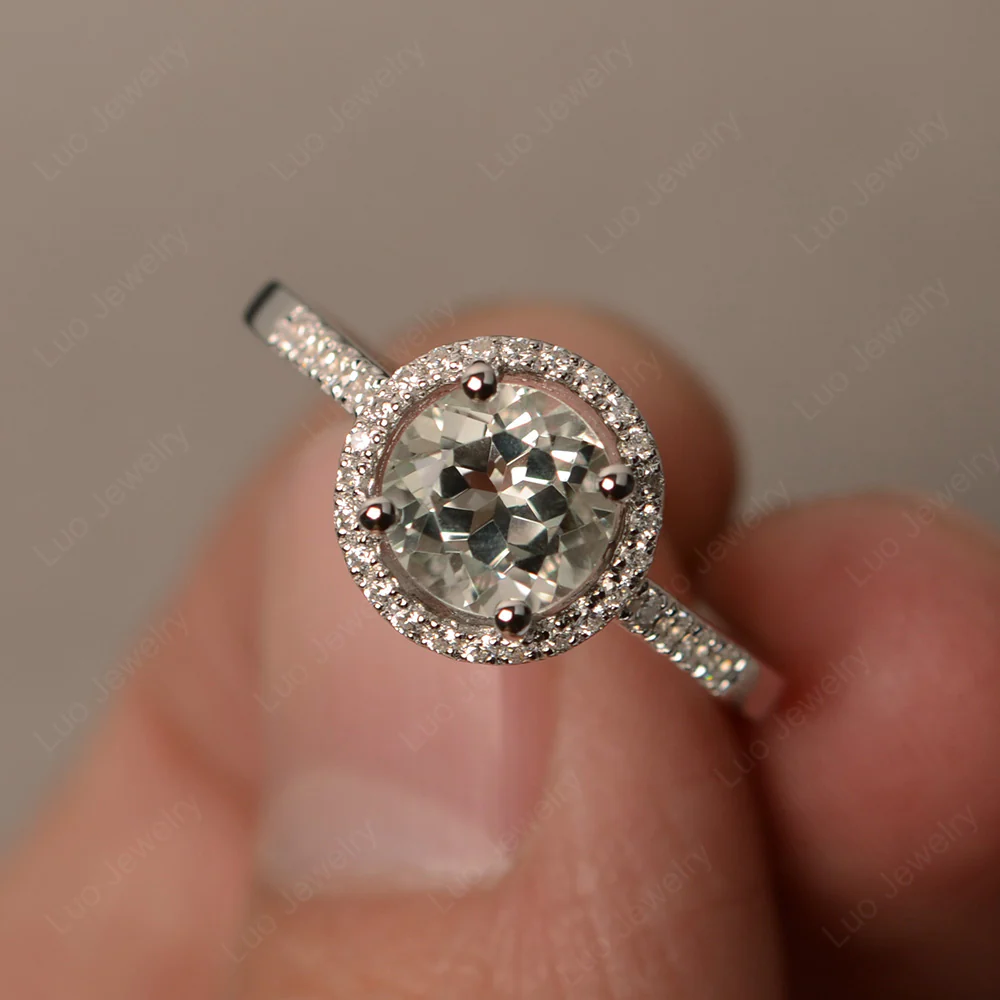 Green Amethyst Round Halo Engagement Ring