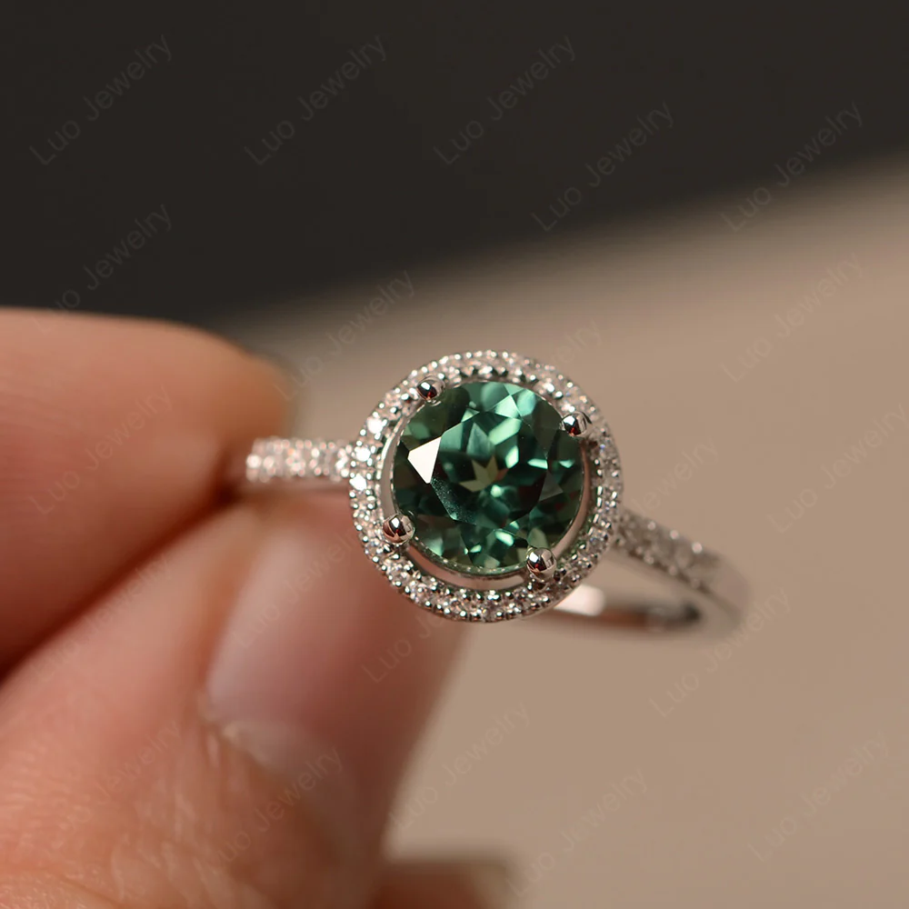 Round Green Sapphire Halo Engagement Ring