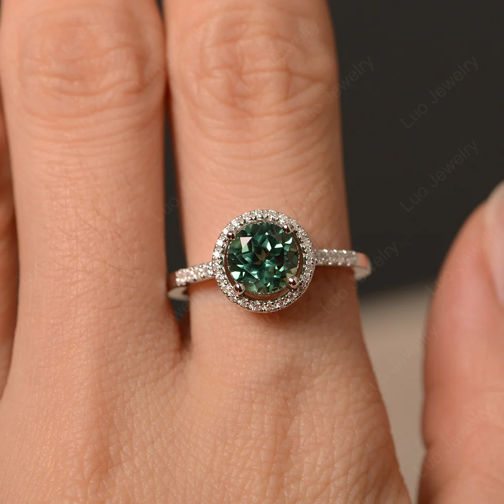 Round Green Sapphire Halo Engagement Ring - Image 4