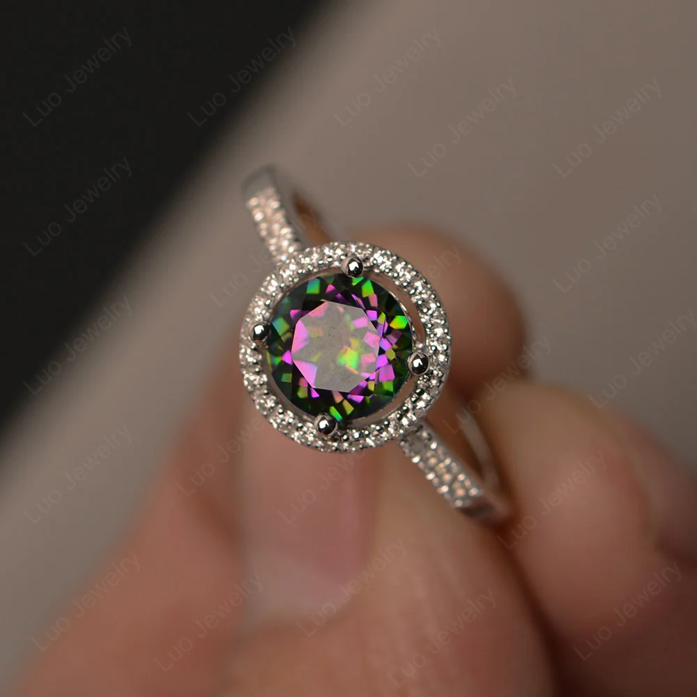 Mystic Topaz Round Halo Engagement Ring