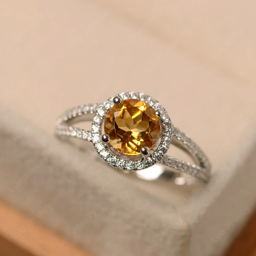 Round Citrine Halo Split Shank Ring