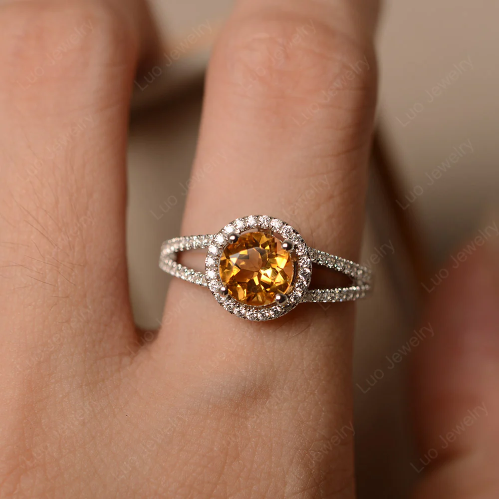 Round Citrine Halo Split Shank Ring - Image 5