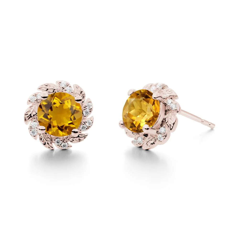 Round Citrine Leaf Halo Stud Earrings - Image 3