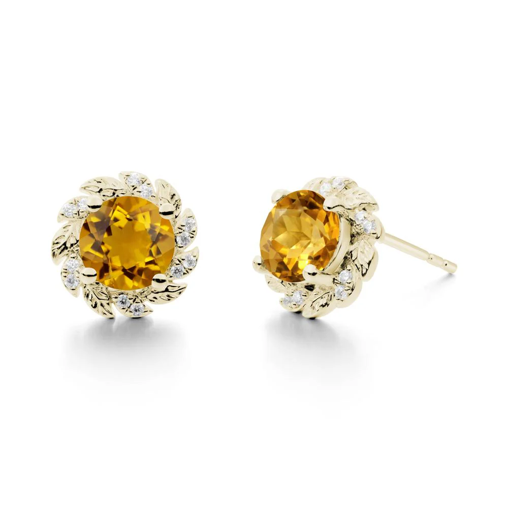 Round Citrine Leaf Halo Stud Earrings - Image 4