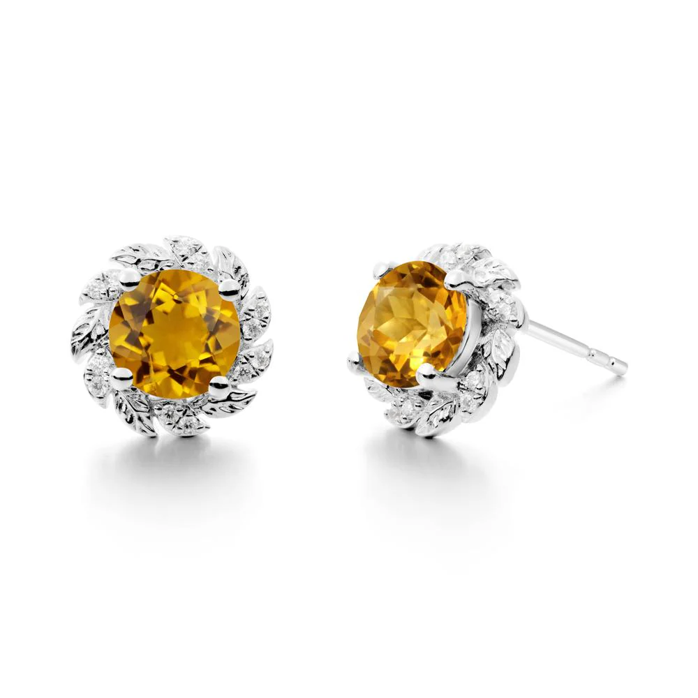 Round Citrine Leaf Halo Stud Earrings - Image 5