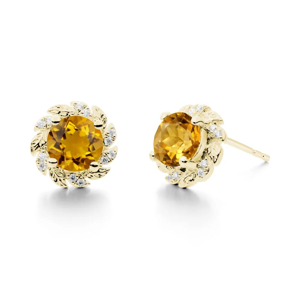 Round Citrine Leaf Halo Stud Earrings - Image 7