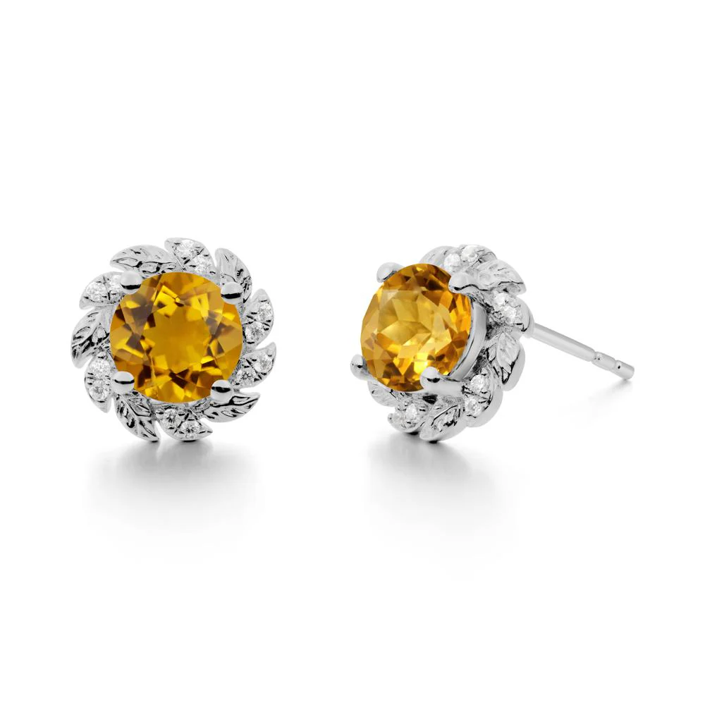 Round Citrine Leaf Halo Stud Earrings - Image 9