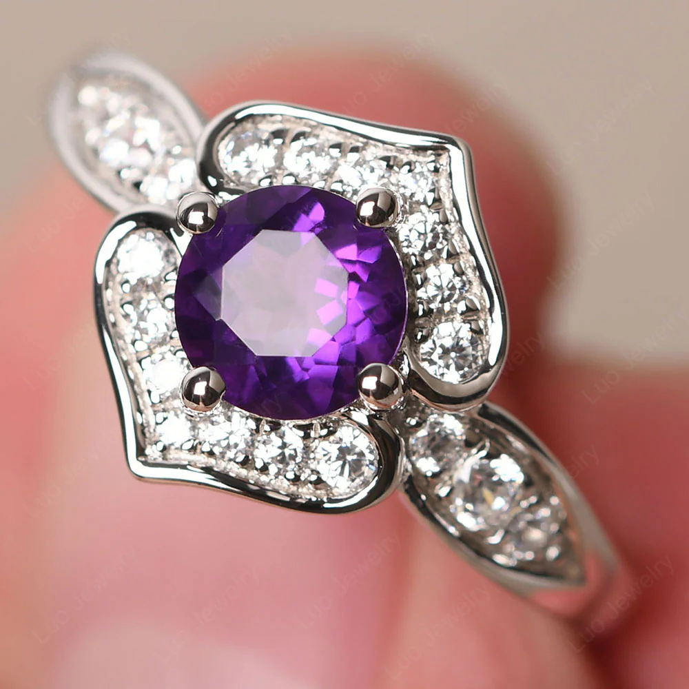 Round Cut Amethyst Dainty Engagement Ring