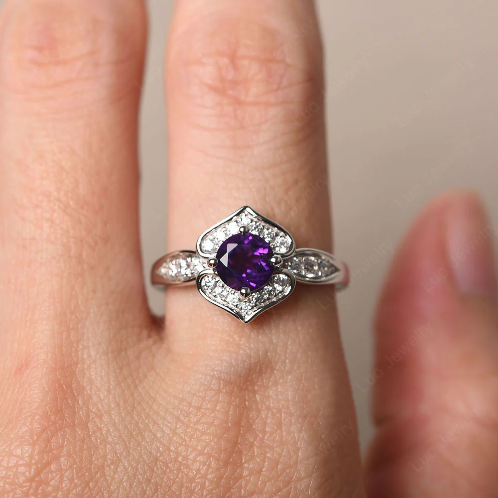 Round Cut Amethyst Dainty Engagement Ring - Image 5