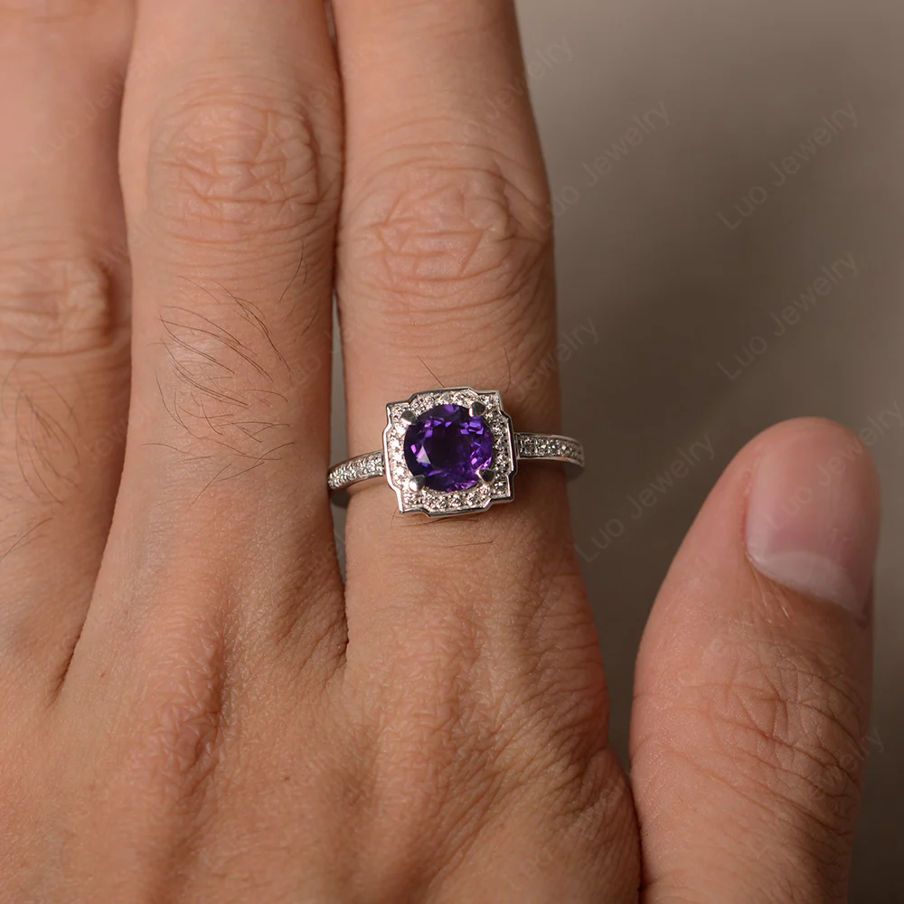 Round Cut Amethyst Halo Engagement Ring