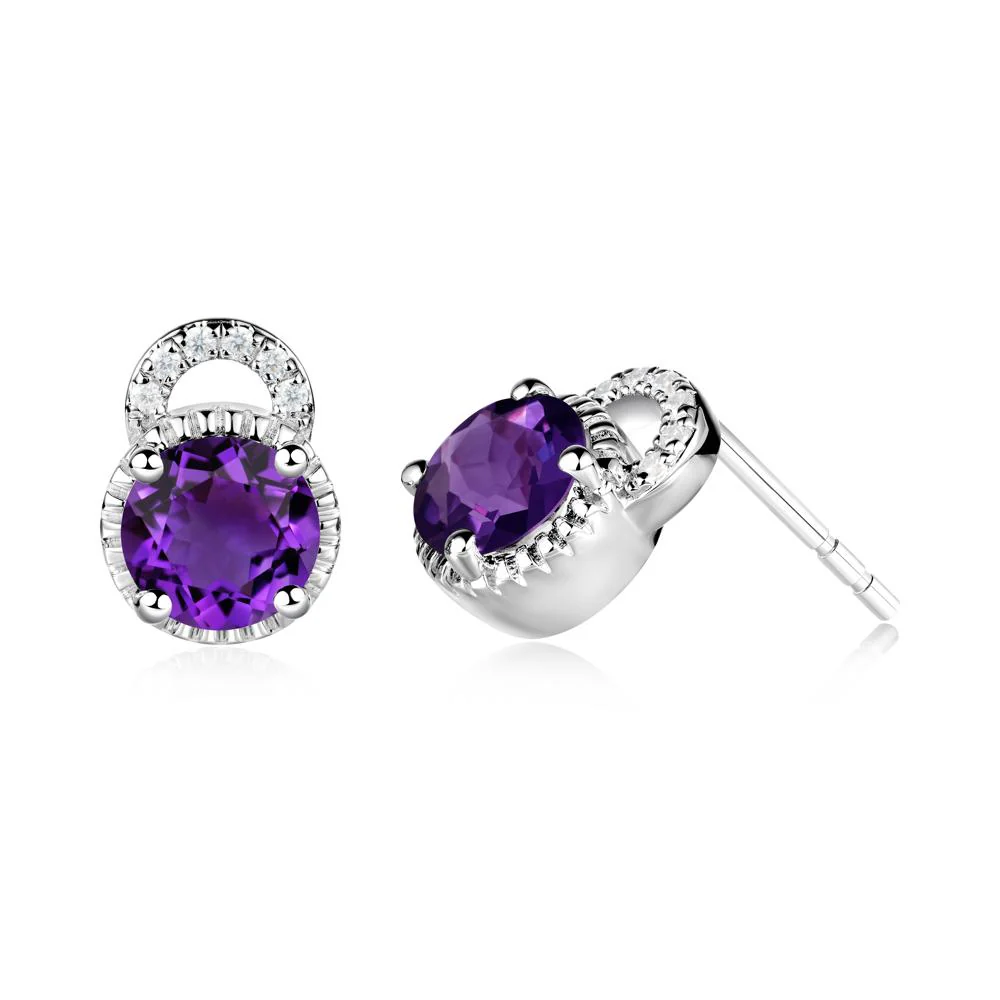 Round Cut Amethyst Halo Stud Earrings - Image 7