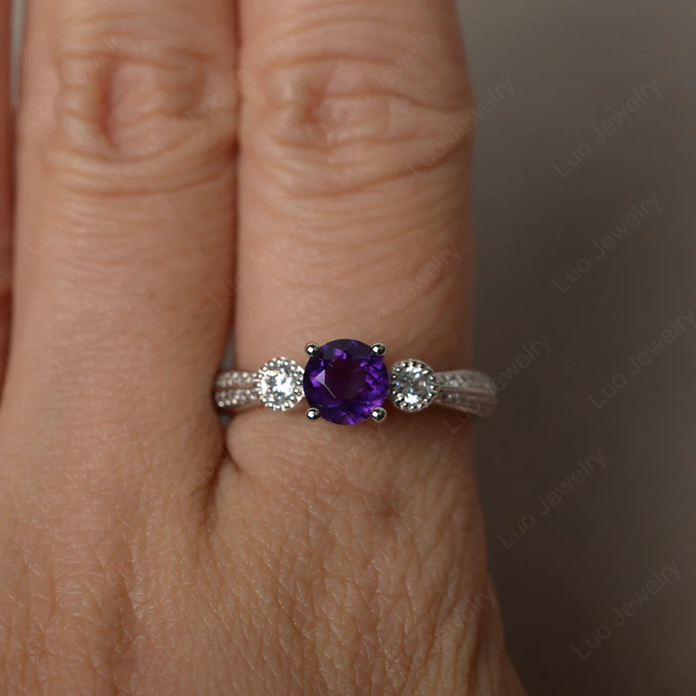 Amethyst Ring with Two Row Pave - Image 3