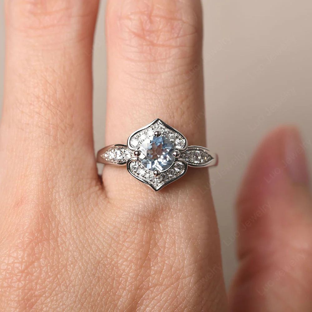 Round Cut Aquamarine Dainty Engagement Ring - Image 5