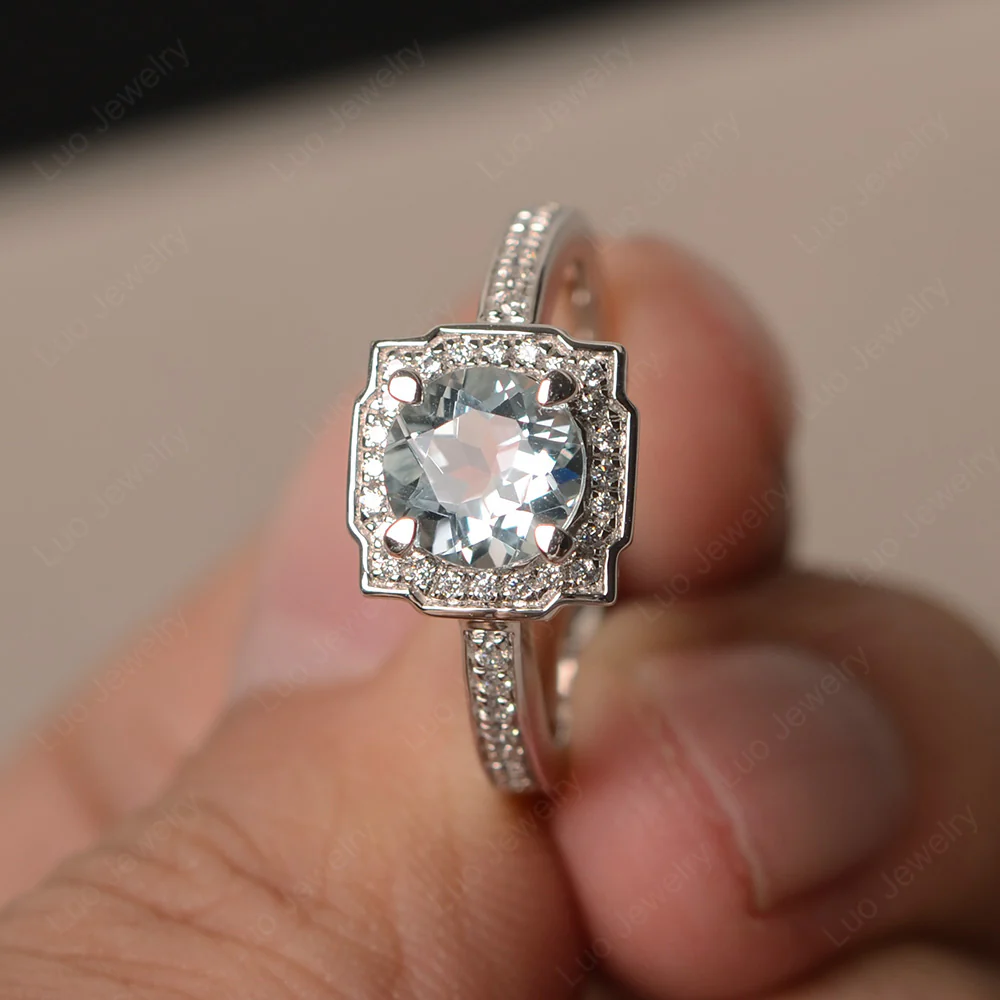 Round Cut Aquamarine Halo Engagement Ring