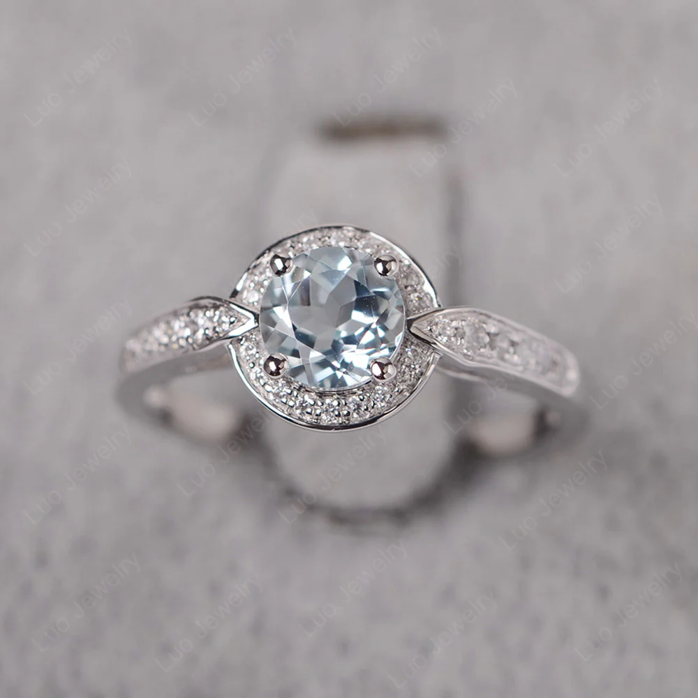 Round Cut Aquamarine Halo Ring