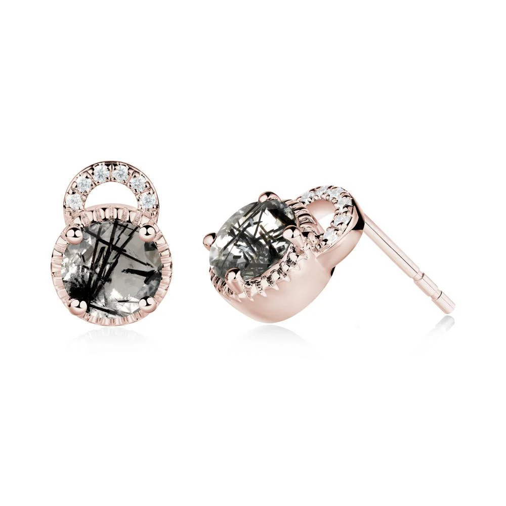 Round Cut Black Rutilated Quartz Halo Stud Earrings - Image 5