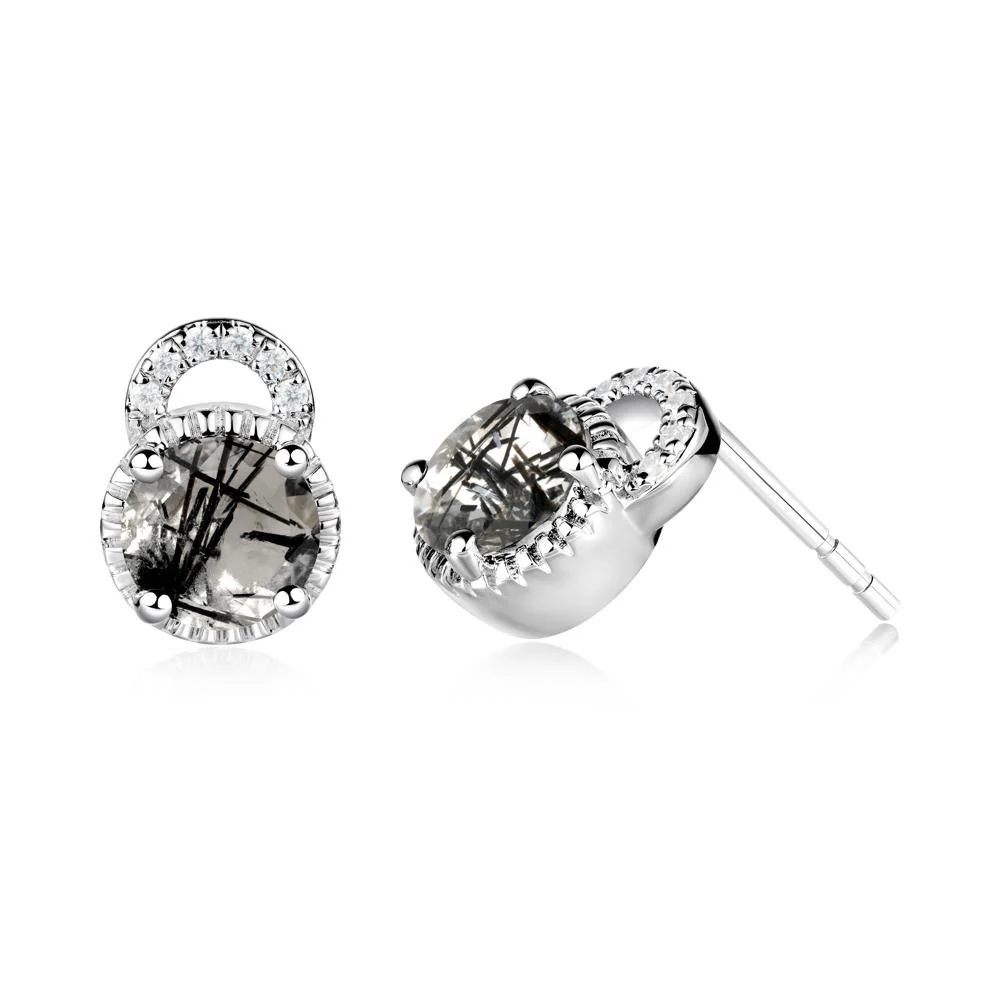 Round Cut Black Rutilated Quartz Halo Stud Earrings - Image 8